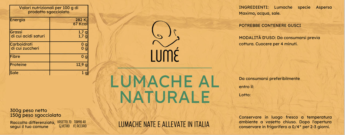 Etichetta LUMÉ Lumache al naturale: ingredienti, valori nutrizionali e modalità d'uso