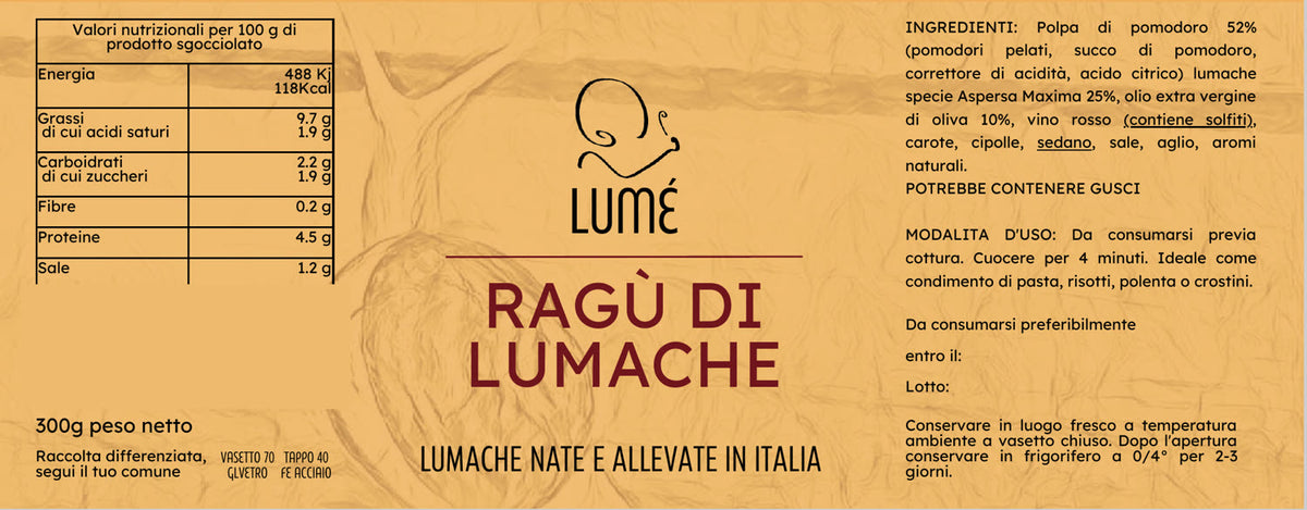 Etichetta LUMÉ Ragù di lumache: ingredienti, valori nutrizionali e modalità d'uso