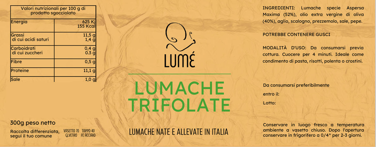 Etichetta LUMÉ Lumache trifolate: ingredienti, valori nutrizionali e modalità d'uso
